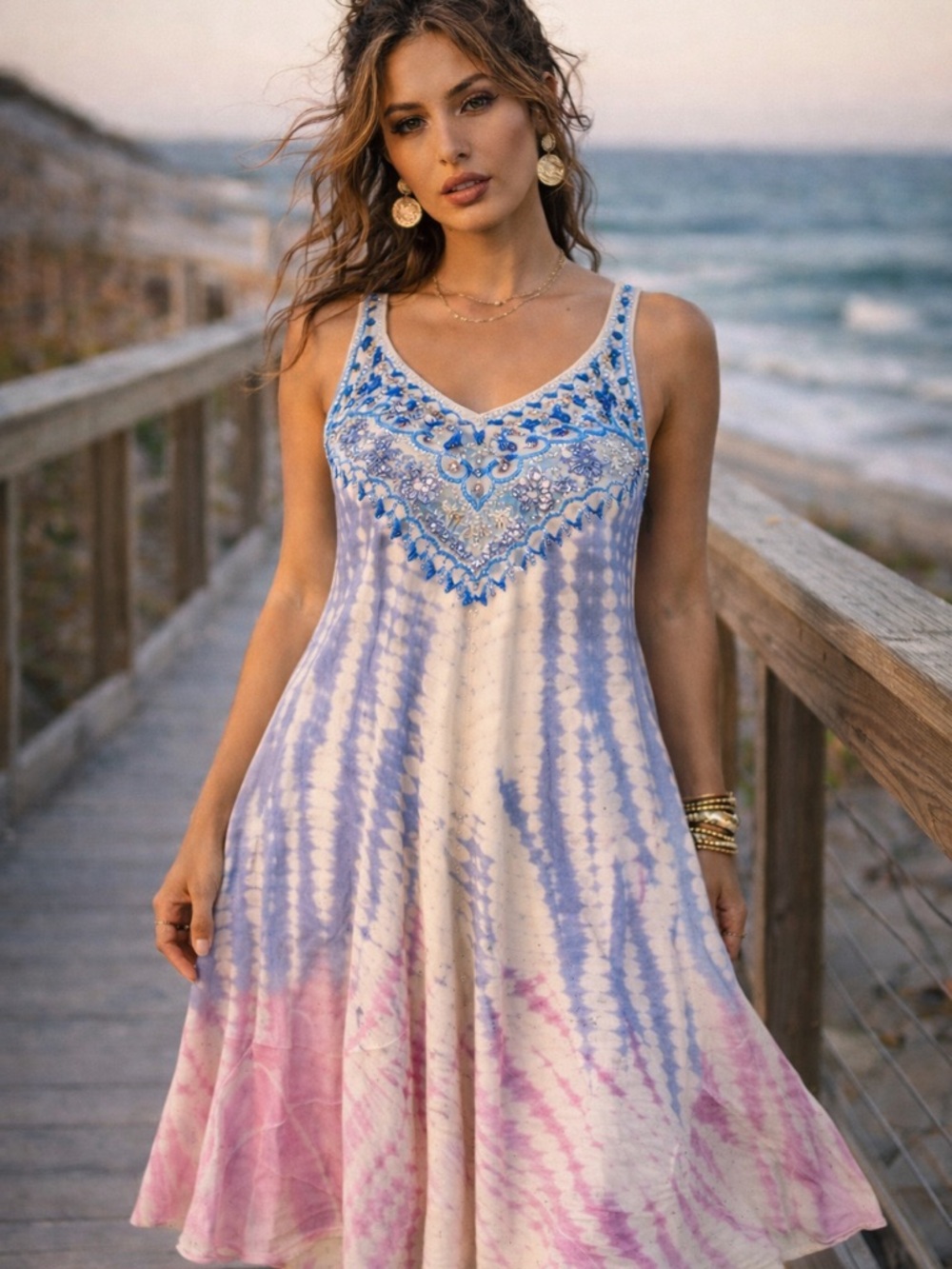Shoreline Blue & Pink Tie-Dye Embroidered V-Neck Dress A10